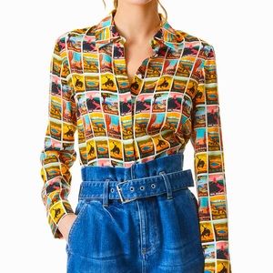 Alice + Olivia Willa western postcard print silk button down. New with tags. S.